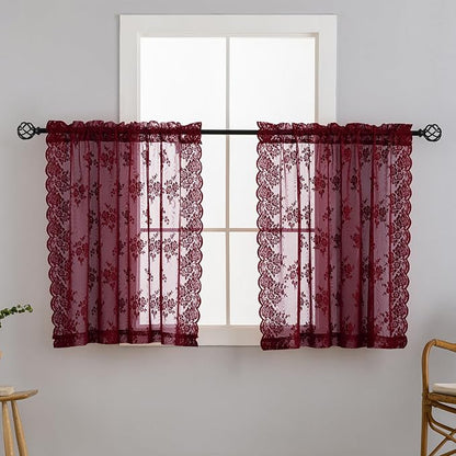 Kotile Burgundy Lace Curtains for Small Windows W42 x L36 Inch, 2 Panels | Rod - Image 9