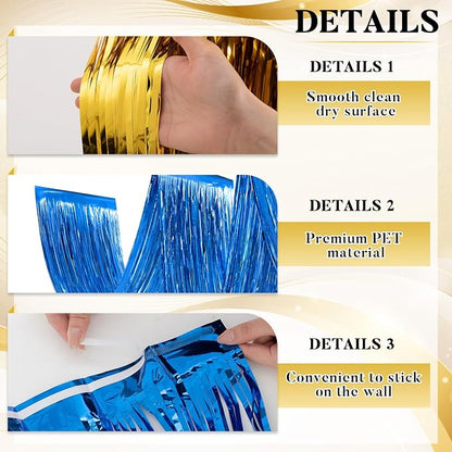 4 Pcs 15ft Gold Blue Metallic Foil Ceiling Fringe Curtains, Fringe Drapes - Image 4
