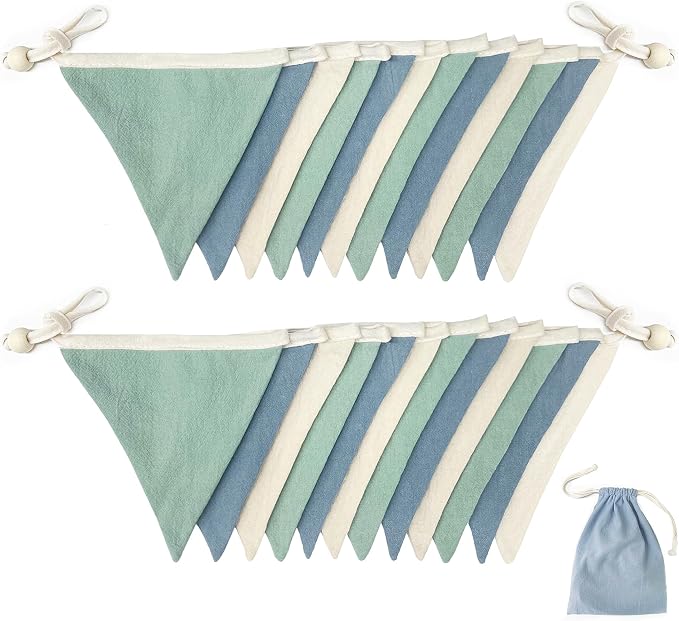 2 Sets of Blue Green Nursery Garland 24Pcs Green Blue Fabric Linen Pennant - Image 3