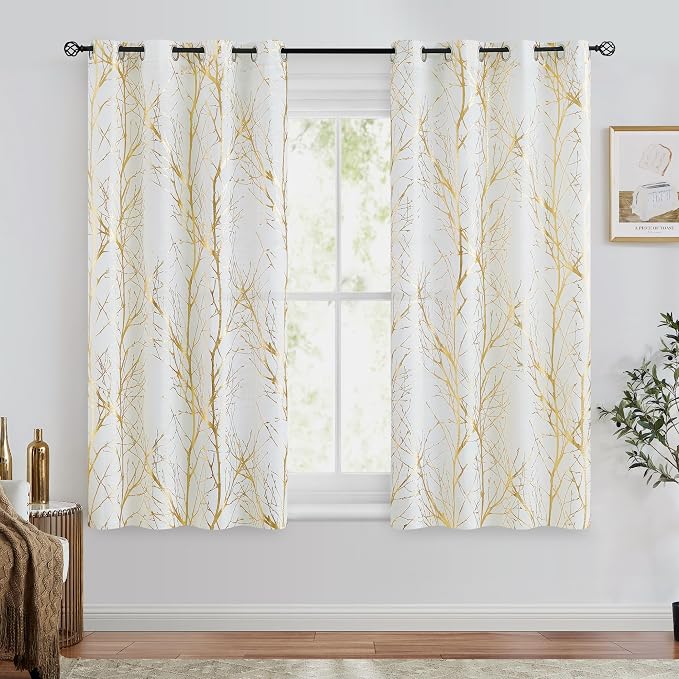 FMFUNCTEX Linen Gold White Semi Sheer Print Curtains 54 Inch Long 2 Panels | - Image 2