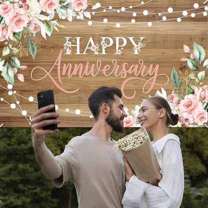 Avezano Happy Anniversary Backdrop Rustic Pink Floral Happy Anniversary Banner - Image 6