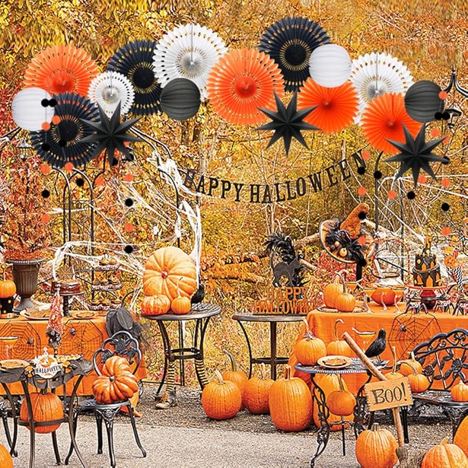 Orange White Black Halloween Decorations, Hanging Tissue Paper Fans Circle - Image 4
