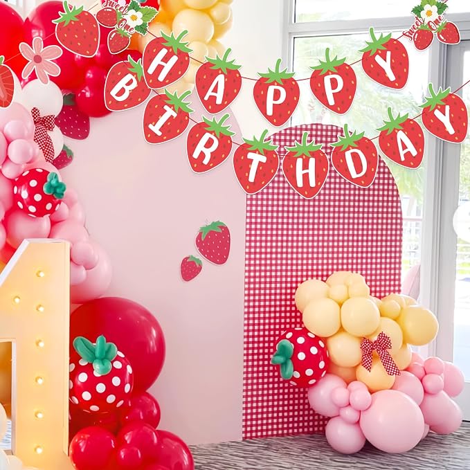 SUNBEAUTY Strawberry Happy Birthday Banner, Berry Sweet Red Fruit Party Hanging - Image 7
