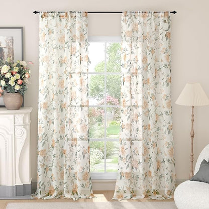 Floral Sheer Curtains for Living Room Window, Farmhouse Light Filtering Privacy by Lajode