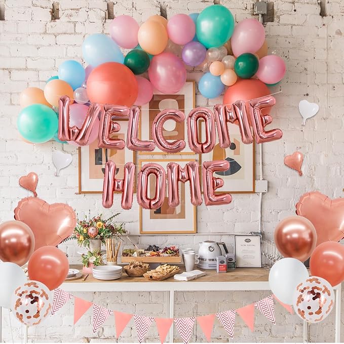 TONIFUL 16 Inch Rose Gold Welcome Home Foil Letter Balloon Banner Decor Kit | - Image 6