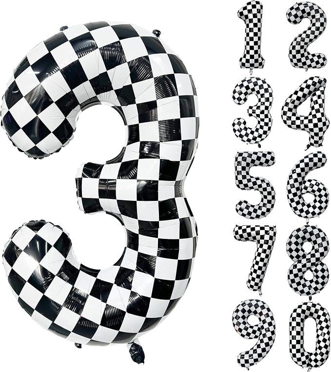 40 Inch Checkered Number Balloon 3 Black and White Number 3 Balloon Foil Helium by Yeodong