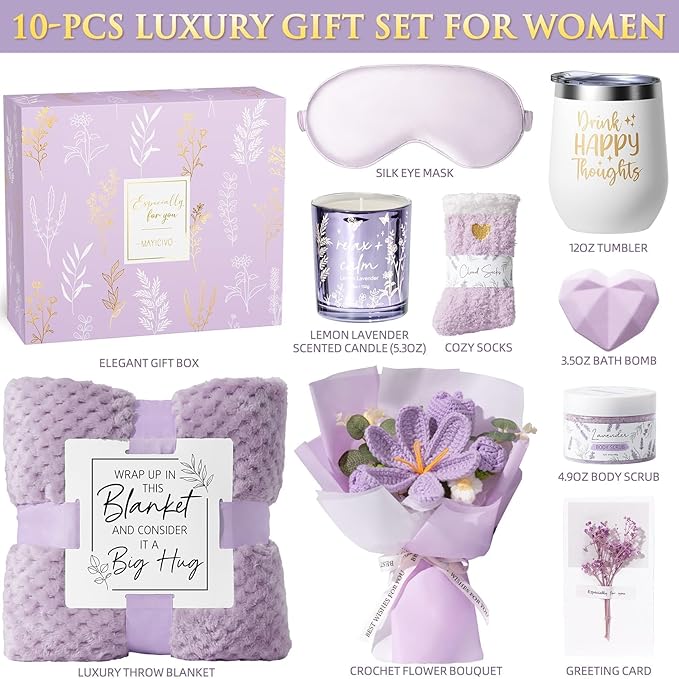 Birthday Gifts for Women Self Care Package Get Well Soon Gift Baskets, Thinking of You Sympathy Spa Gift Set w/ Crochet Flower Bouquet, Unique Christmas Gifts for Women Mom Her Best Friend Sister Wife