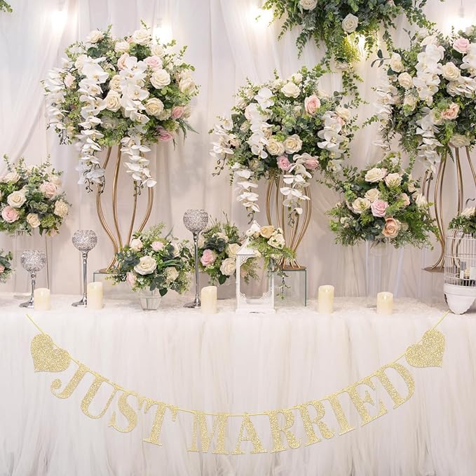 Pre-Strung Just Married Banner NO DIY Just Married Sign Gold Glitter | Wedding - Image 6