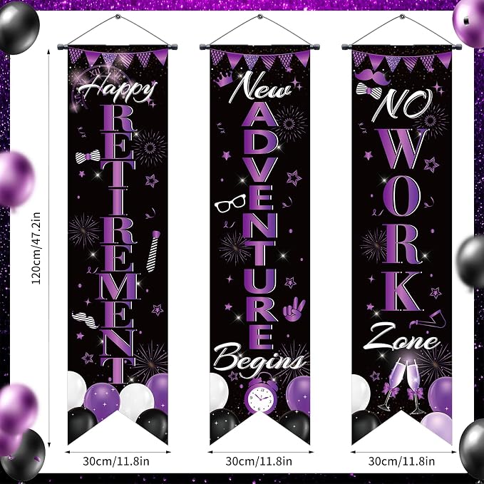 3Pcs Retirement Porch Sign Door Hanging Banner Black Purple Happy Retirement - Image 2