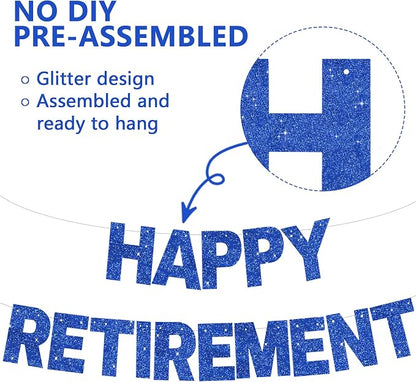 Glitter Blue Happy Retirement Banner Pre-Strung Retirement Party Decorations - Image 2
