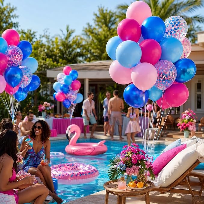 Pink and Blue Summer Balloons, 12 Inch Hot Light Pink Metallic Dark Blue Latex - Image 5
