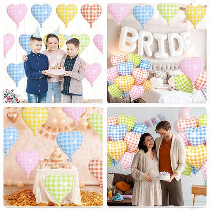 Pastel Grid Heart Balloons, 18 Inch Pink Yellow Blue Red Green Lattice Foil - Image 8