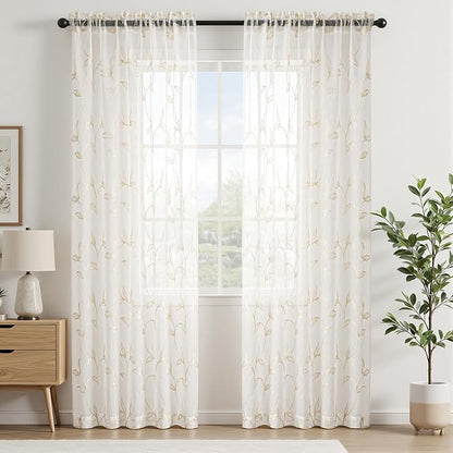 Sheer Curtains Boho Leaf Floral Embroidered Cream Beige 54Wx72L | Light - Image 2