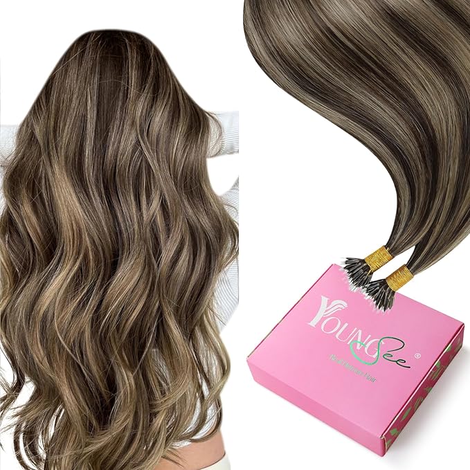 YoungSee Nano Ring Hair Extensions Brown Highlight Nano Beads Hair Extensions Real Human Hair Dark Brown Highlights Caramel Blonde for Daily Wear Nano-Link Remy Hair Extension 14 inch 50s 50g