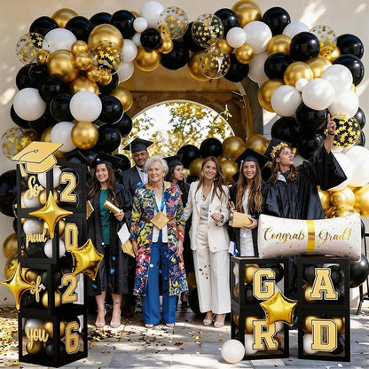 Black and Gold Graduation Decorations Balloons Boxes Arch - Image 5