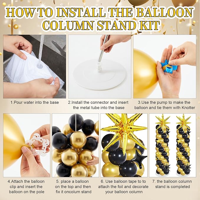 Soulchen 110 Pcs Black Gold Explosion Balloons Column Stand Kit Adjustable - Image 3