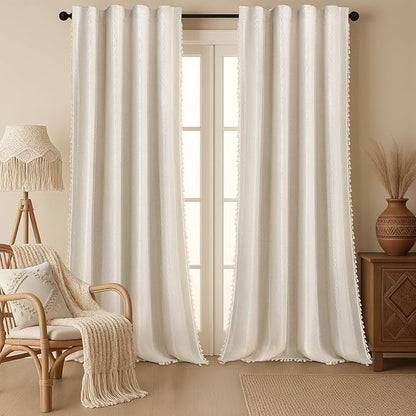 Boho 100% Blackout Curtains 96 Inch 2 Panels Linen Blend Beige | Vintage by Unknown