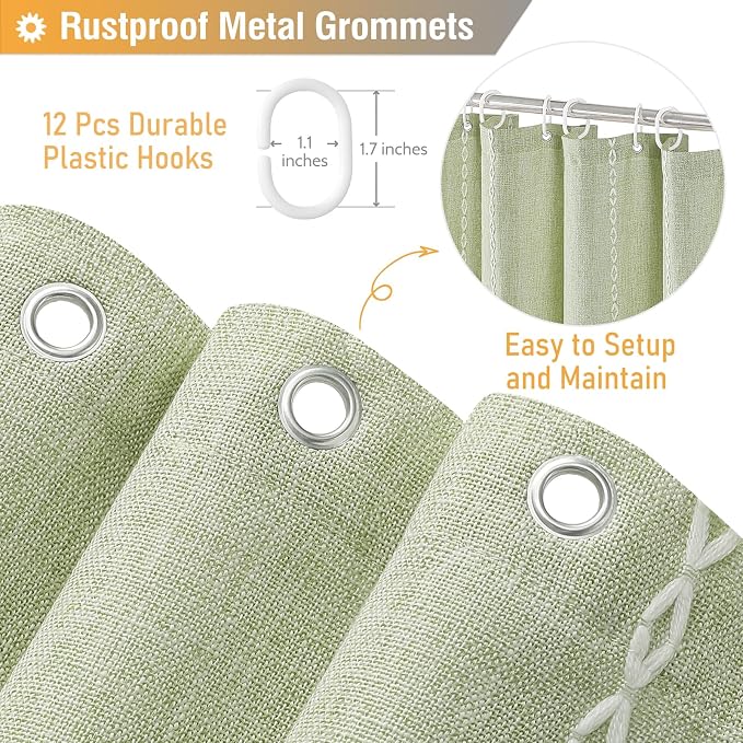 Sage Green Cream Boho Farmhouse Linen Heavy Duty Shower Curtain, 72x72 | 330GSM - Image 5