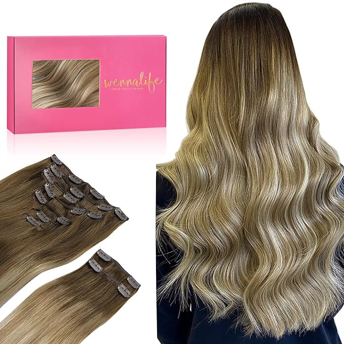 WENNALIFE Clip in Hair Extensions, 150g 16 Inch 9pcs Ombre Walnut Brown to Ash Brown and Bleach Blonde Human Hair Extensions Thicker Clip in Hair Extensions Real Human Hair Clip Set Double Weft