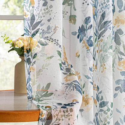 MYSKY HOME Yellow and Blue Sheer Floral Curtains 72 Inch Length 2 Panels | by MYSKYHOME