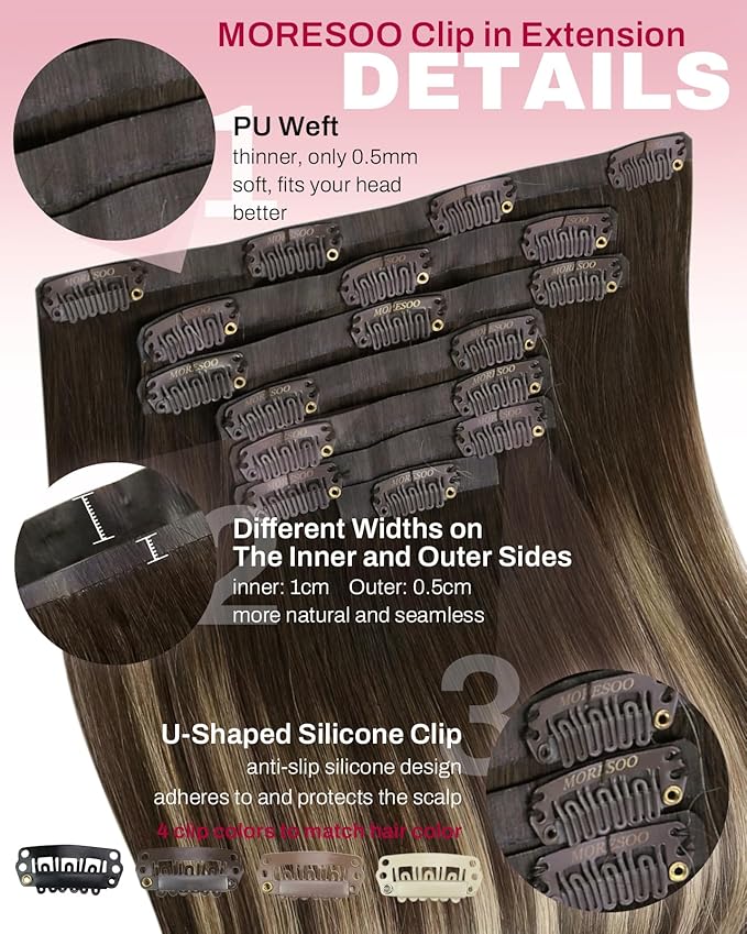 Moresoo Brown to Blonde Seamless Clip in Hair Extensions Real Human Hair Dark Brown to Honey Blonde Ombre Human Hair Extensions Clip ins Long Full Head 120g/7pcs 22 inch