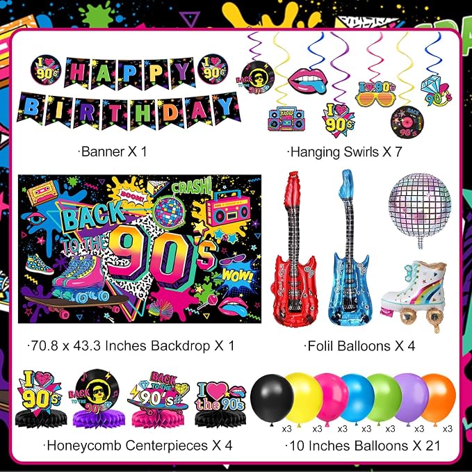 90s Birthday Party Decorations Includes Backdrop, Honeycomb Centerpieces - Image 2