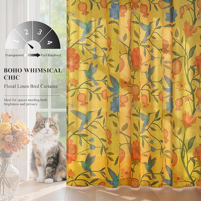 Mustard Yellow Floral Linen Curtains, Boho Whimsical Bird Print Curtains - Image 3