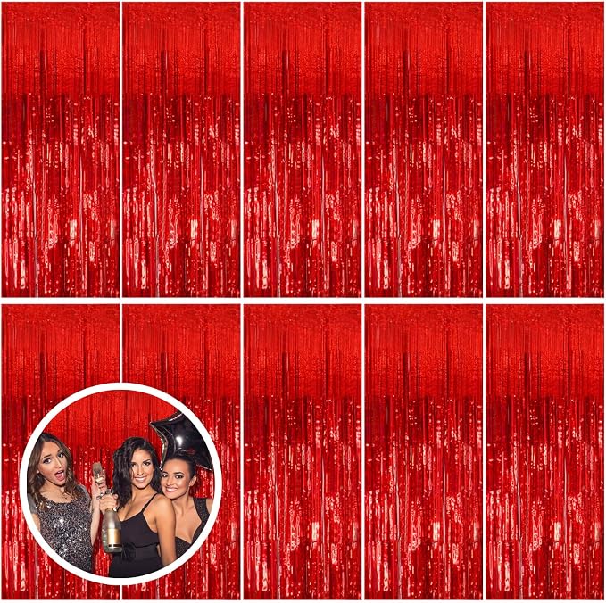 10 Pack Red Streamers Party Backdrop Christmas Decorations Foil Fringe Backdrop by BOMSI