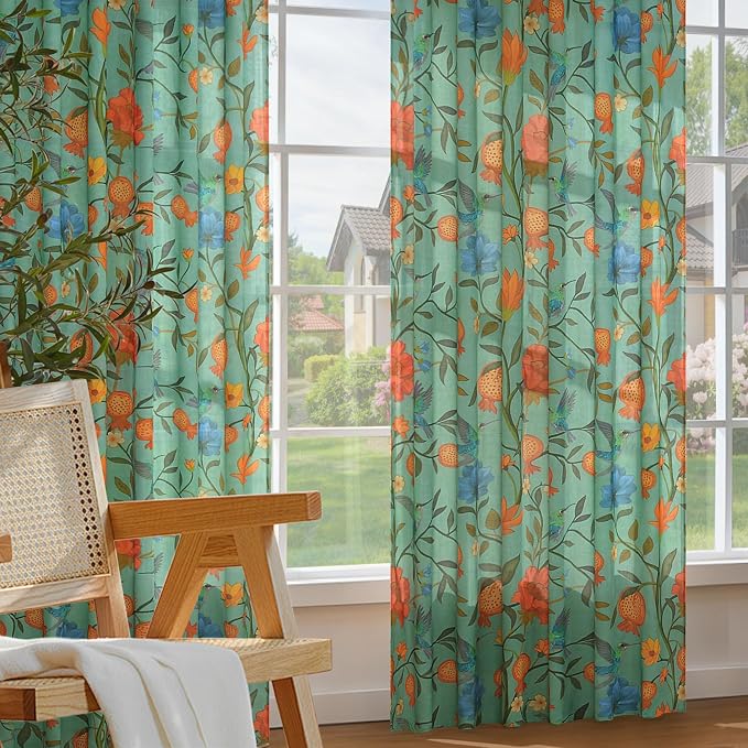 Green Floral Linen Curtains, Boho Whimsical Bird Print Curtains - Image 7