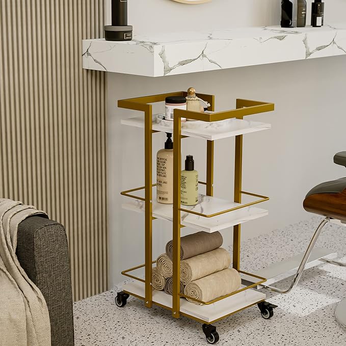 Paddie Esthetician Cart with Wheels, Salon Lash Spa Rolling Trolley Cart, White & Gold