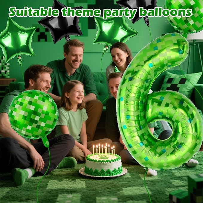 40 Inch Green Pixel Themed Number 6 Balloon Set Foil Balloon - Image 3