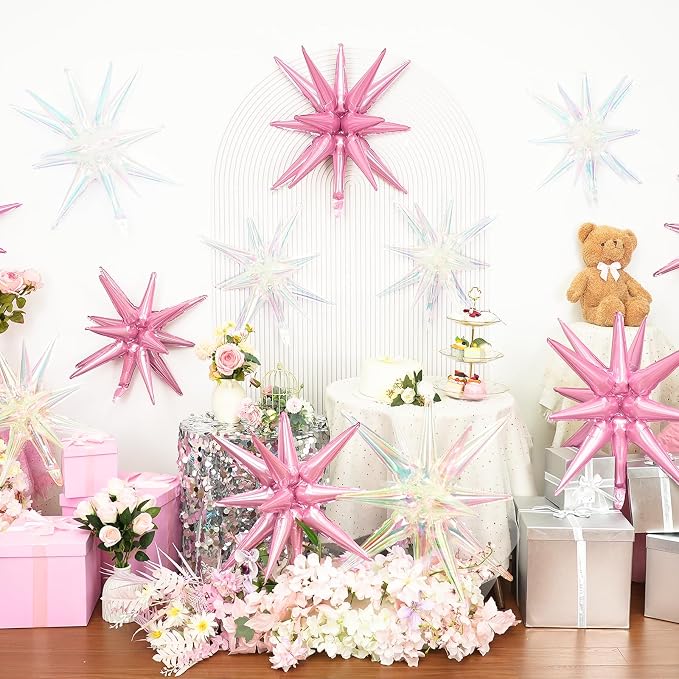 9Pcs Light Pink and Iridescent Star Balloons, Large Explosion Foil Balloons - Image 5