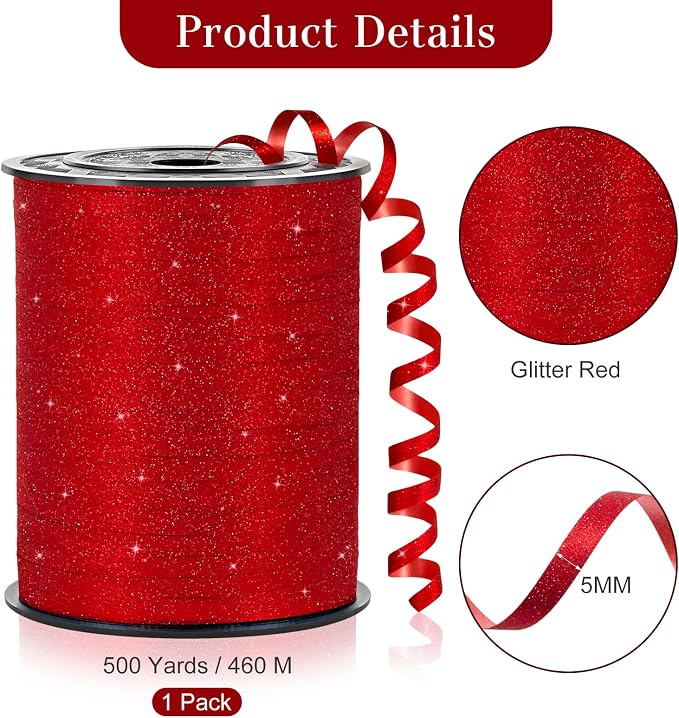 Red Curling Ribbon, 500 Yards, 1/5 Inch | Glitter, - Image 2