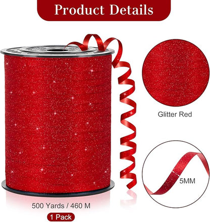 Red Curling Ribbon, 500 Yards, 1/5 Inch | Glitter, - Image 2