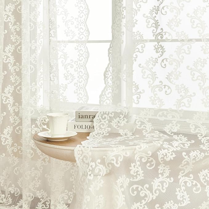 FOLKSIDE Ivory Lace Curtains, 2 Panels, Rod Pocket, Sun Protection, Living Room - Image 2