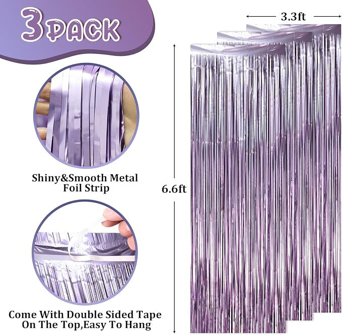 Voircoloria Light Purple Foil Fringe Backdrop Curtains, Birthday Party - Image 3