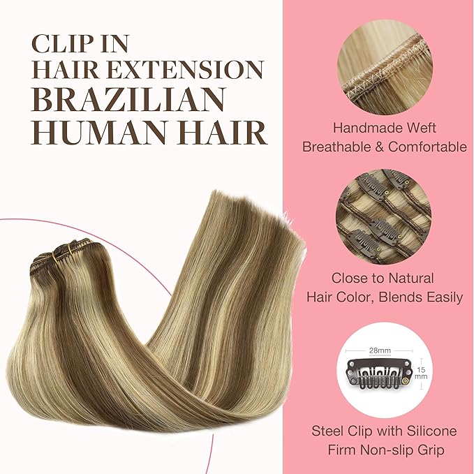 GOO GOO Clip in Hair Extensions Real Human Hair, Remy Human Hair Extensions Clip ins for Women, Natural Human Hair, 24 Inch 170g 7Pcs, 8A/22 Medium Brown Highlighted Golden Blonde