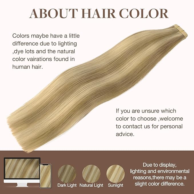 GOO GOO Tape in Hair Extensions Human Hair, 16/22 Light Blonde Highlighted Golden Blonde, 24inch 50g 20pcs, Skin Weft Seamless Invisible, Silky Straight with Thick Ends, Remy Human Hair