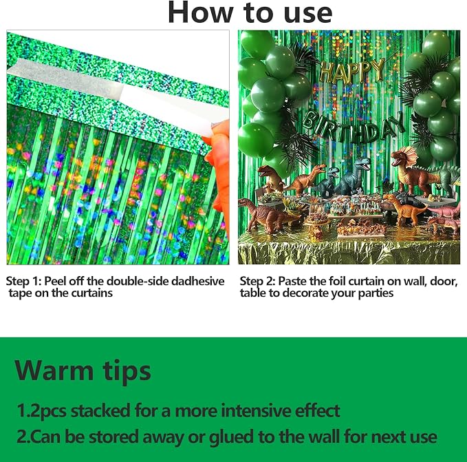 4 Packs Green Foil Fringe Curtain, Baby Shower, Hawaiian Luau, Dinosaur Jungle - Image 8