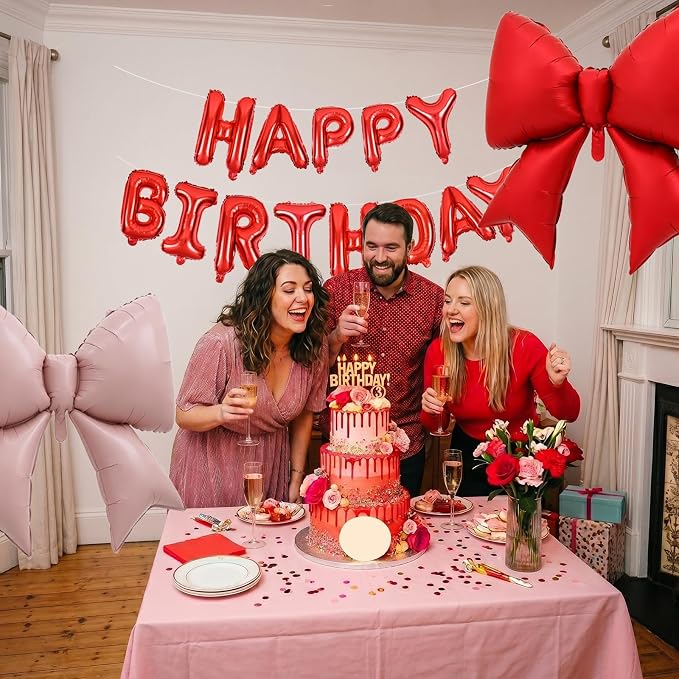 Vuzvuv Red Happy Birthday Balloons, 38 Inches Huge Pink Bow Aluminum Foil - Image 4