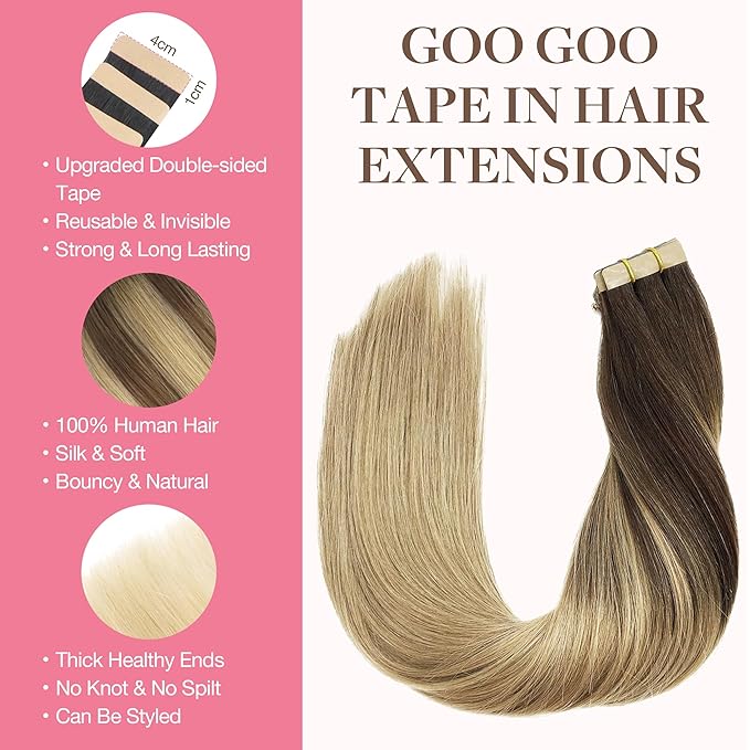 GOO GOO Tape in Hair Extensions Human Hair, 4/18 Balayage Chocolate Brown Highlighted Dirty Blonde, 18inch 25g 10pcs, Skin Weft Seamless Invisible, Silky Straight with Thick Ends, Remy Human Hair