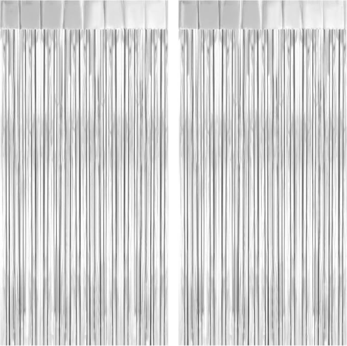 2 Pack Silver Foil Fringe Curtain Backdrop, 3.2Ft x 8.2Ft Metallic Tinsel Foil by welcomePIGETALE