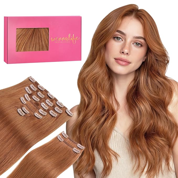 WENNALIFE Clip in Hair Extensions Real Human Hair, 18 Inch 150g 9pcs Cinnamon Terra Copper Remy Hair Thicker Double Weft Extensiones De Cabello Humano Con Clip Ins Straight Full Volume