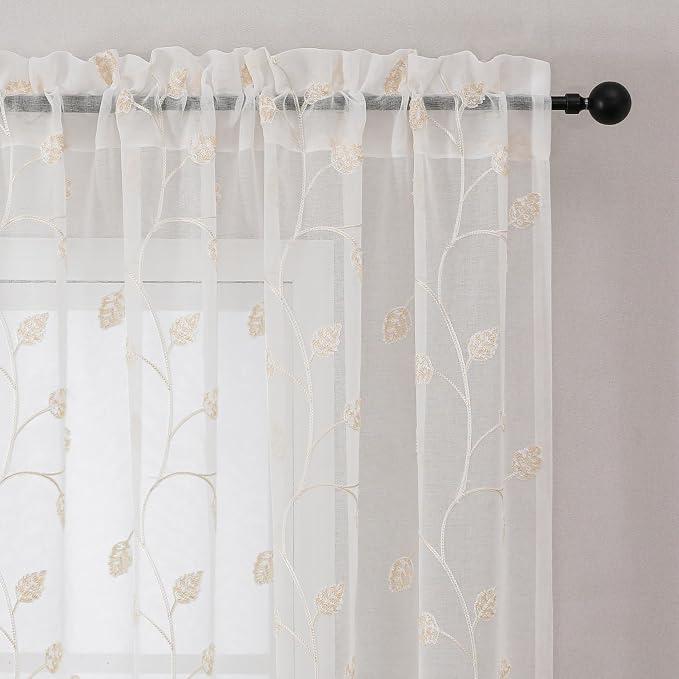 Beige Sheer Curtains Decorative Embroidered Leaf 96 Inches Long | Light - Image 3