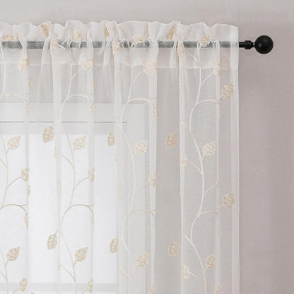 Beige Sheer Curtains Decorative Embroidered Leaf 84 Inches Long | Light - Image 3