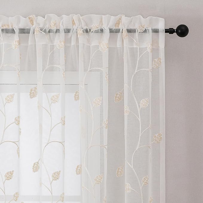 Beige Sheer Curtains Decorative Embroidered Leaf 63 Inches Long | Light - Image 3