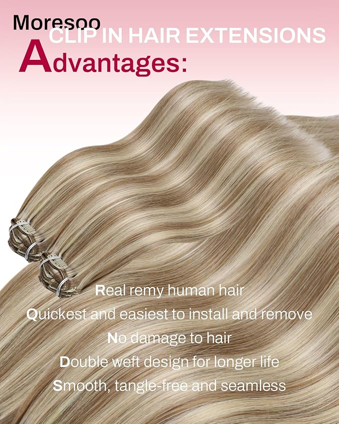 Moresoo Clip in Hair Extensions Real Human Hair Double Weft Human Hair Clip in Extensions Straight Light Brown Highlight with Blonde 5pcs 80g 20inch