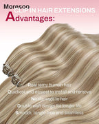 Moresoo Seamless Clip in Hair Extensions Blonde Highlight Remy PU Seamless Clip in Extensions Human Hair Light Brown with Blonde Full Head 7Pcs 120Gram 22inch