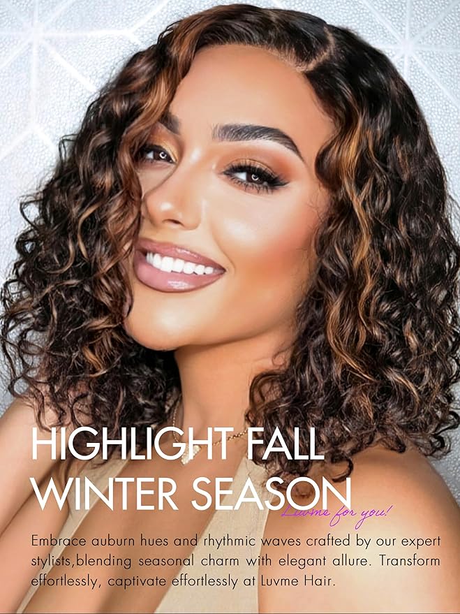 LUVME HAIR 12" Curly Glueless Wigs Human Hair Pre Plucked Pre Cut, Undetectable HD Lace Curly Bob Wig Human Hair Short Black Wig with Blonde Highlights Ready to Go Wig 180 Density
