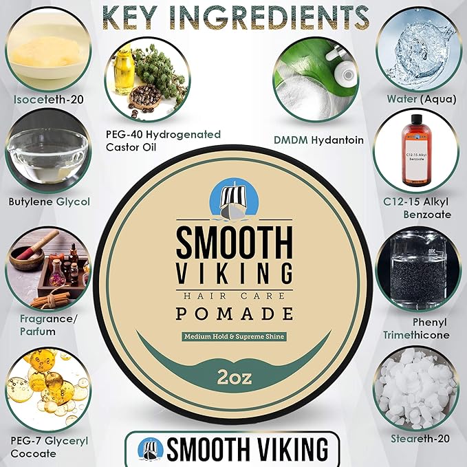 Smooth Viking Medium Hold & High Shine Pomade - Water Based Hair Cream for Curly, Thick & Straight Hair - Men's Hair Product - Made in USA, 2oz